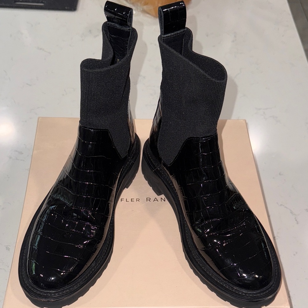 Loeffler Randall Black Croc-Embossed Chelsea Booties